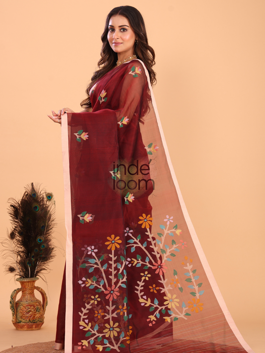 Silk Jamdani Saree With Chestunt Brown - 154
