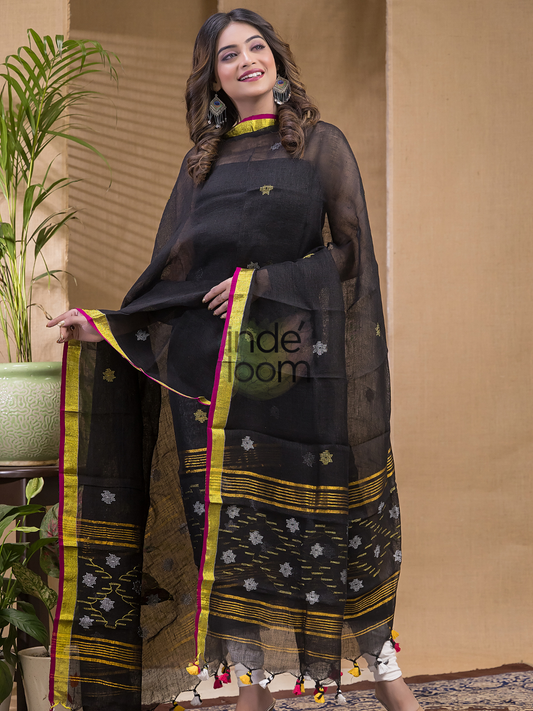 Deep Black | Handloom Jamdani Linen Unstitched 2-Piece Kurti