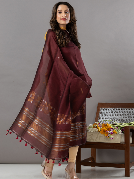 Handwoven Jamdani Linen Unstitched 2-Piece Kurti | Wine Maroon