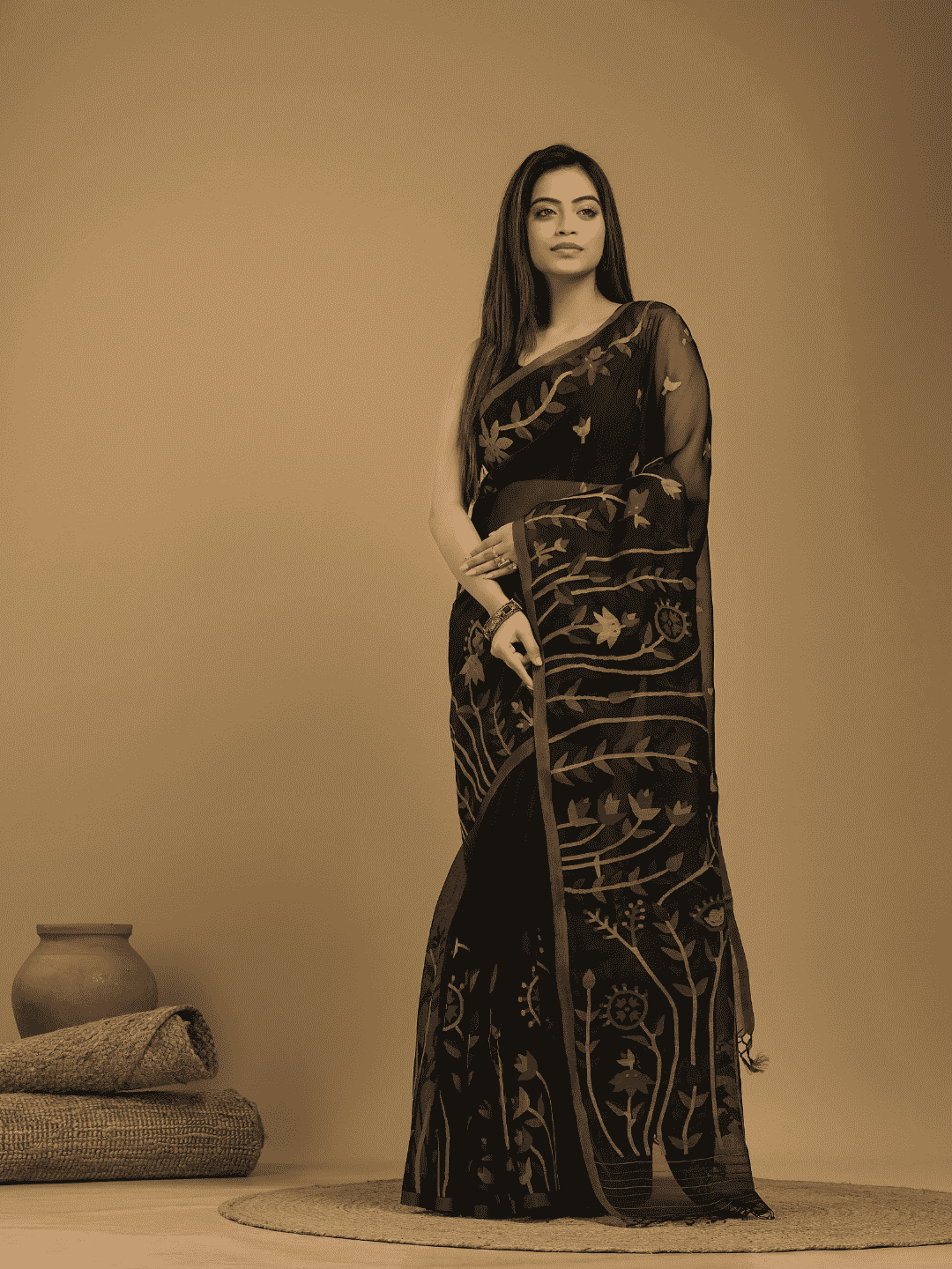 Muslin Jamdani Saree With True Black - 025