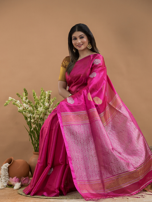 Hot Pink Tissue Silk Saree With White Pallu - 028