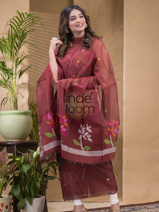 Dusty Brick | Handloom Jamdani Muslin Unstitched 2-Piece Kurti | Classic Design