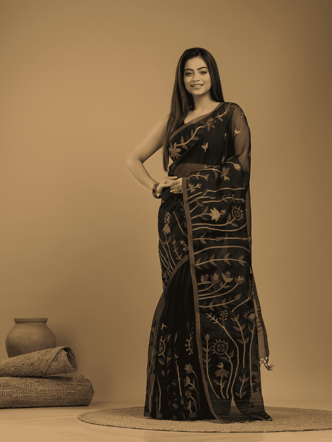Muslin Jamdani Saree With True Black - 025