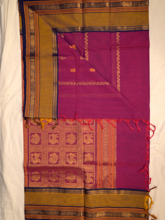 Kanchi Cotton|Magenta & Mustard Yellow/ Dark Purple