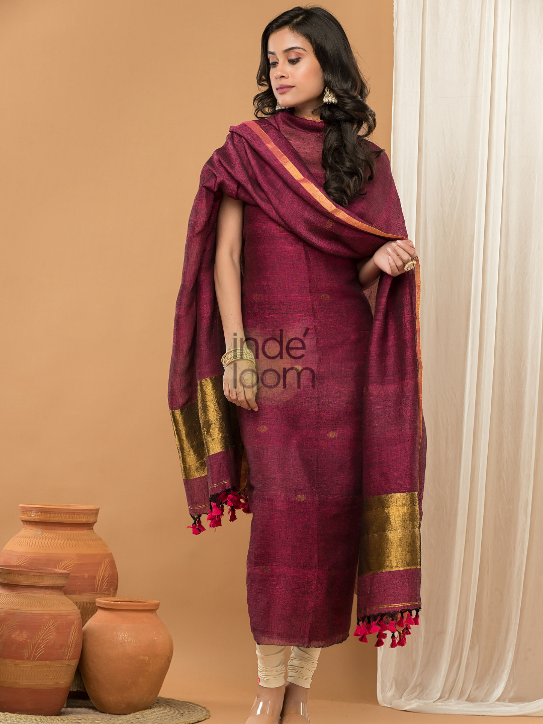 Linen Jamdani Unstitched 2-Piece Kurti | Wine Red