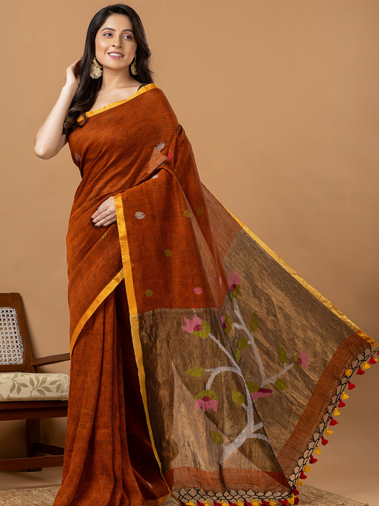 Handwoven Jamdani Linen Saree | Rust Orange