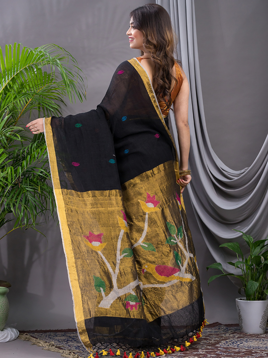 Linen Jamdani Saree With Rich Black - 025