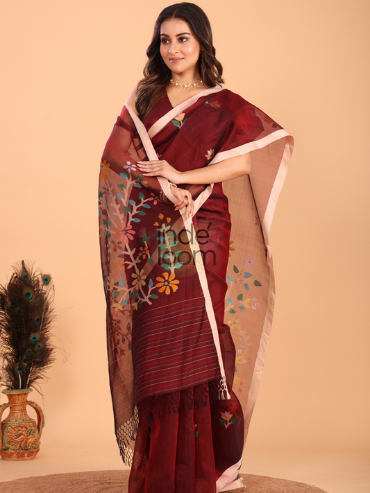 Silk Jamdani Saree With Chestunt Brown - 154