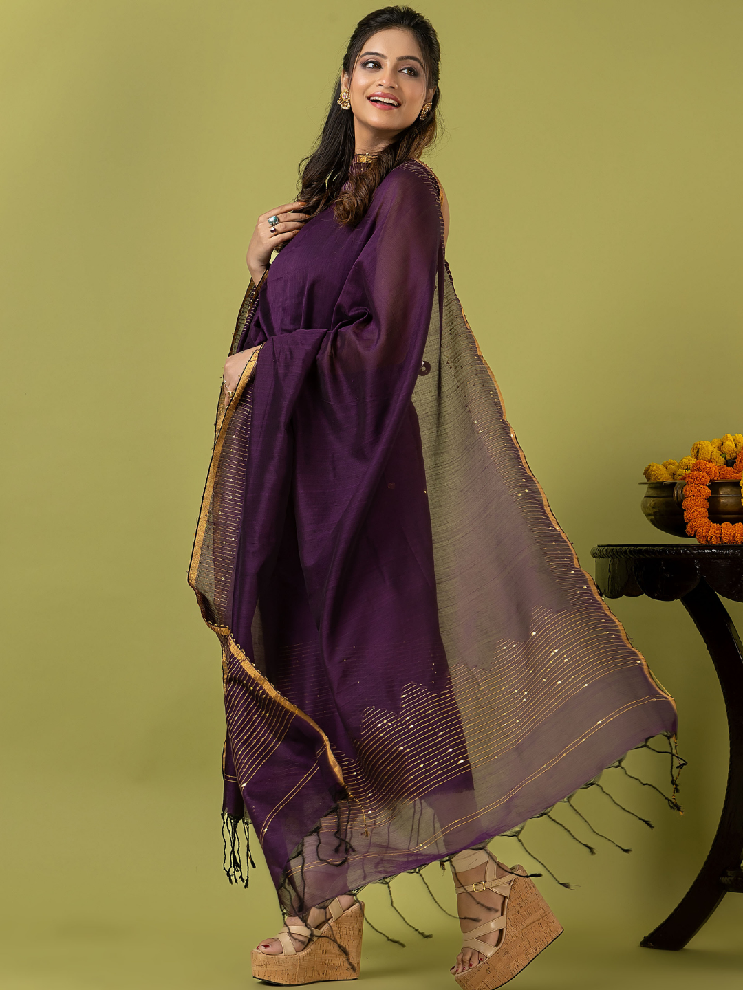 Handwoven Jamdani cotton Unstitched 2-piece Kurti | Aubergine Purple