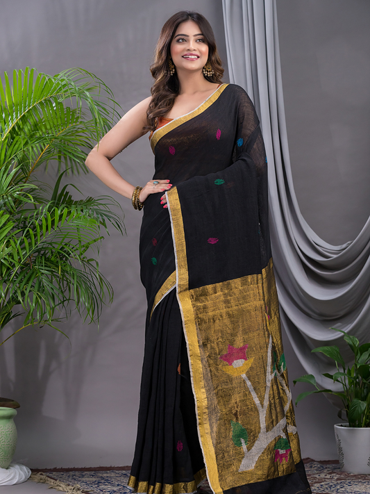 Linen Jamdani Saree With Rich Black - 025