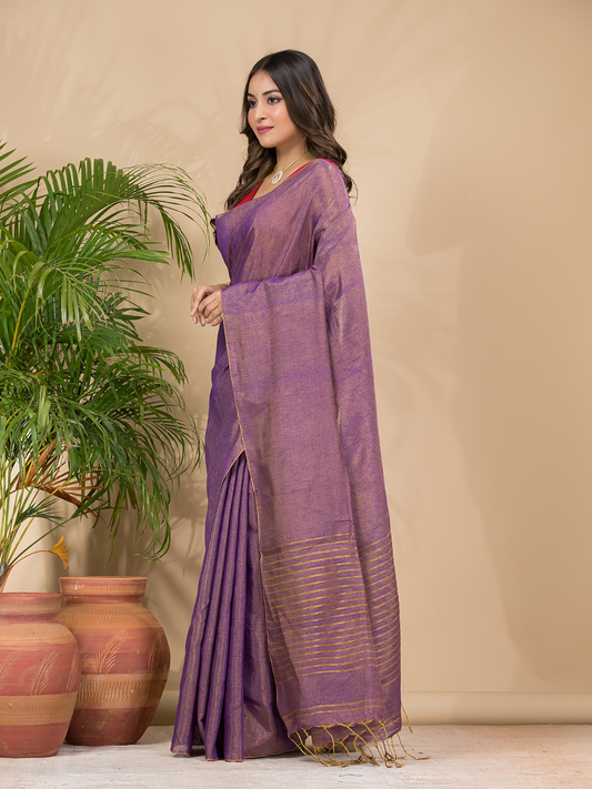 Tissue Linen Handloom Saree With Grape Purple - 017