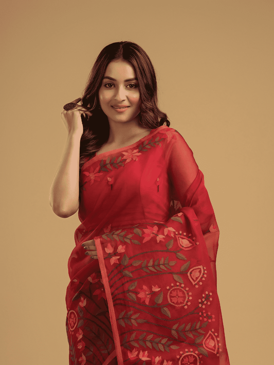 Pure Hand Made Muslin Jamdani Saree With Chilli Red - 026