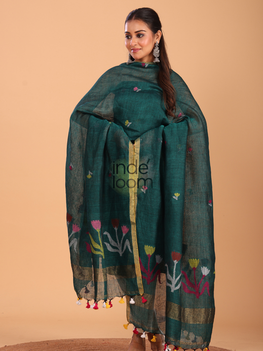 Handwoven Jamdani Linen Unstitched 2-piece Kurti | Deep Teal