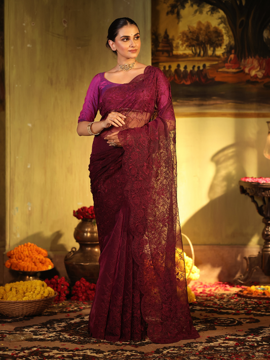 Organza Embroidery Saree With Magenta - 001