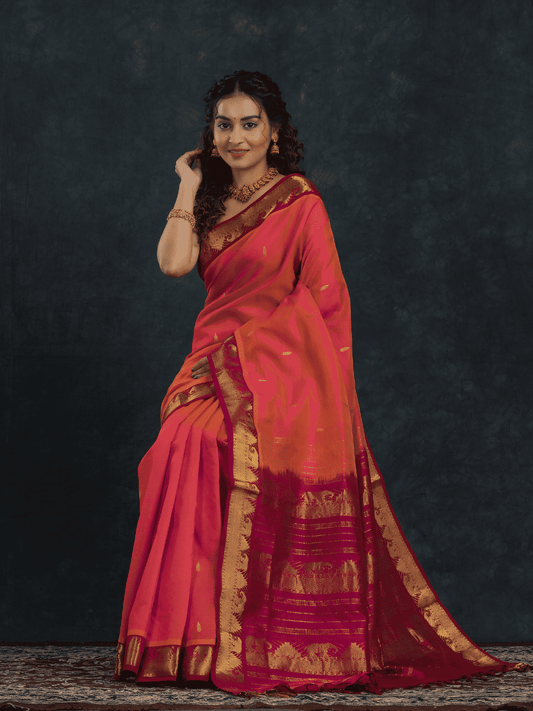 Pure Handloom Korvai Saree | Coral Pink and Golden