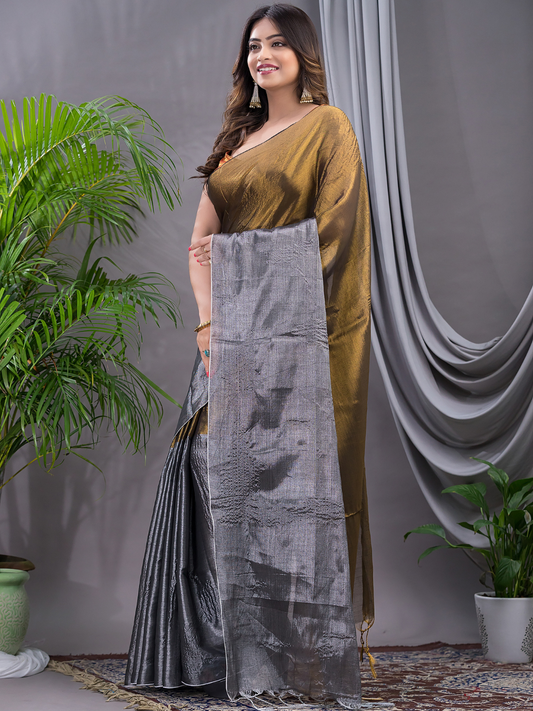 Tissue Silk Saree With Olive Green - 009