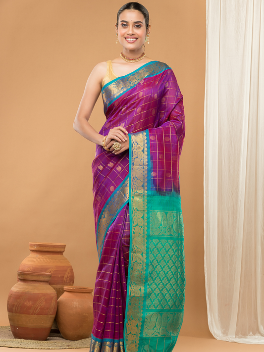 Pure Handloom Korvai Saree | Orchid Purple Cyan Blue