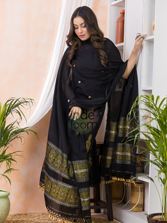 Deep Black | Handloom Jamdani Linen Unstitched 2-Piece Kurti | Baluchari Design