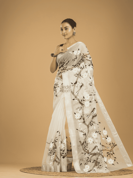 Kota Doria Handpainted Saree With Lace White - 003 - indeloom