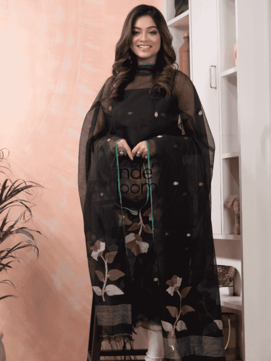 Deep Black | Handloom Jamdani Muslin Unstitched 2-Piece Kurti