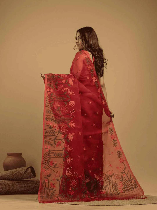 Handwoven Pure Jamdani Muslin Saree | Classic Red