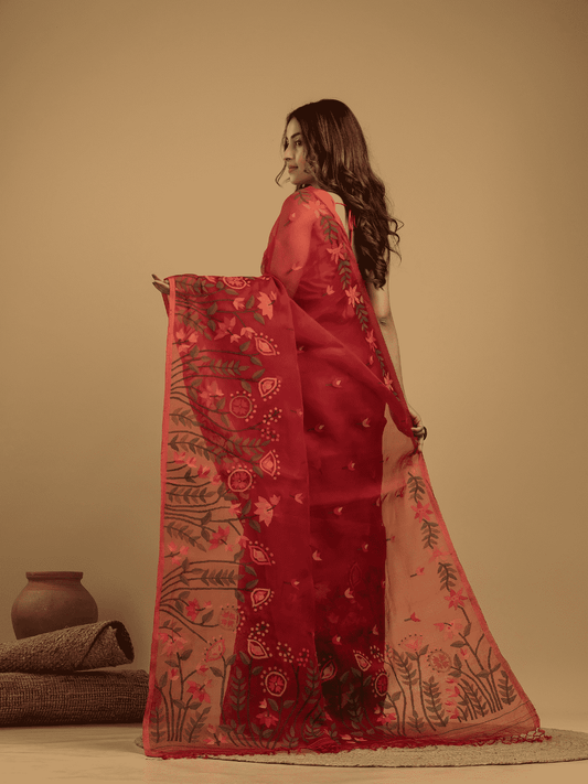 Pure Hand Made Muslin Jamdani Saree With Chilli Red - 026