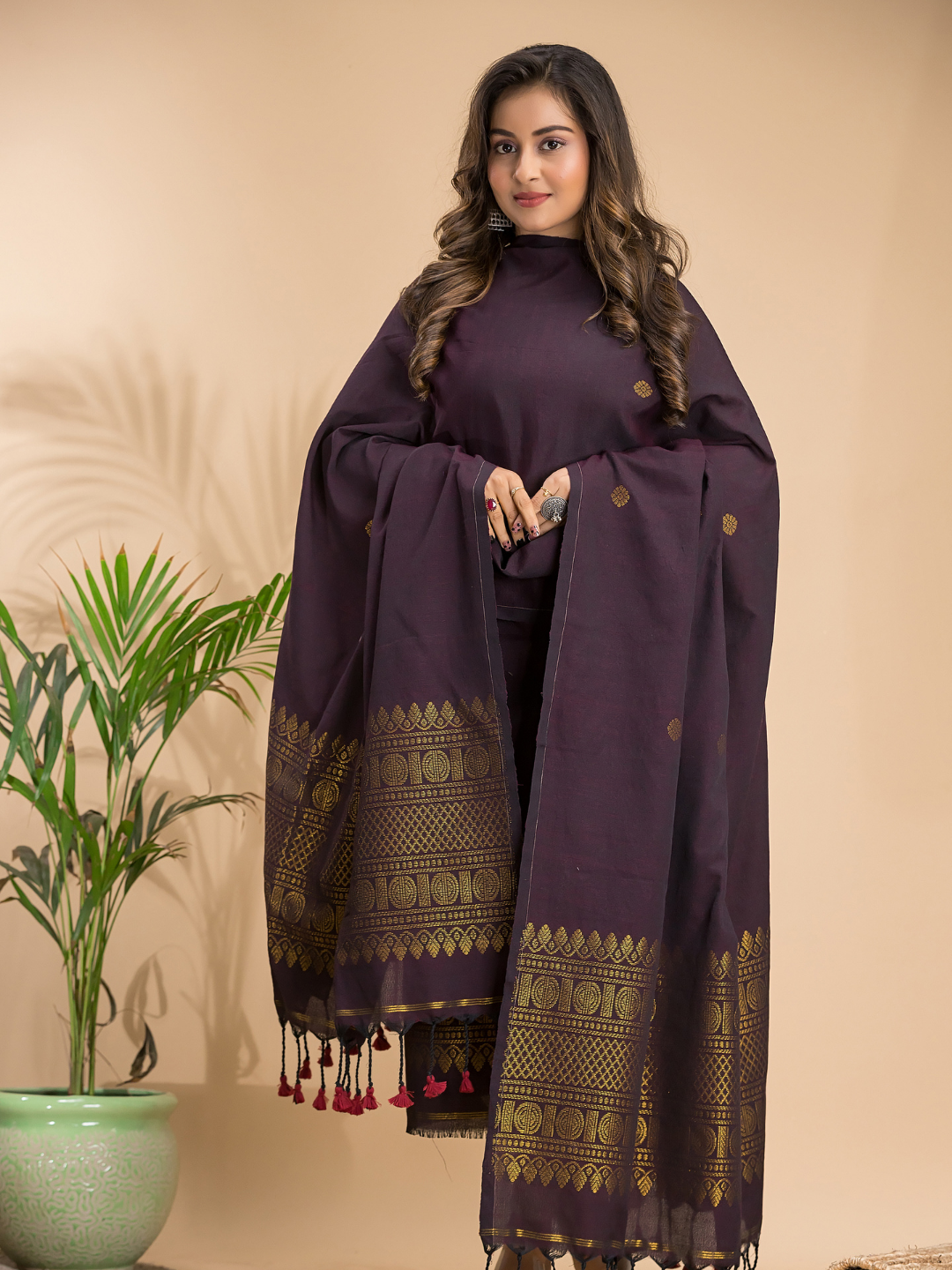 Handwoven Jamdani Linen Kurti | Wine Red