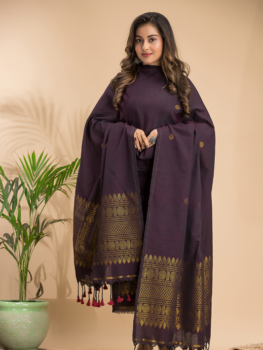 Handwoven Jamdani Linen Unstitched 2-piece Kurti | Wine Red