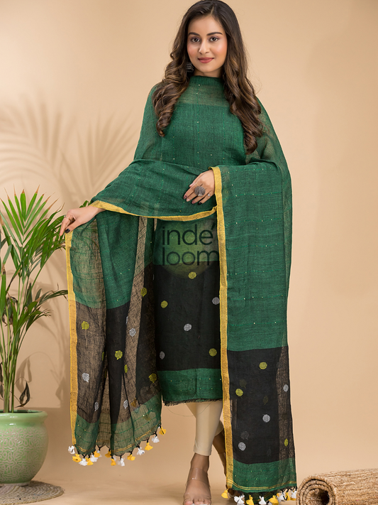 Handwoven Jamdani Linen Unstitched 2-piece Kurti | Deep Teal