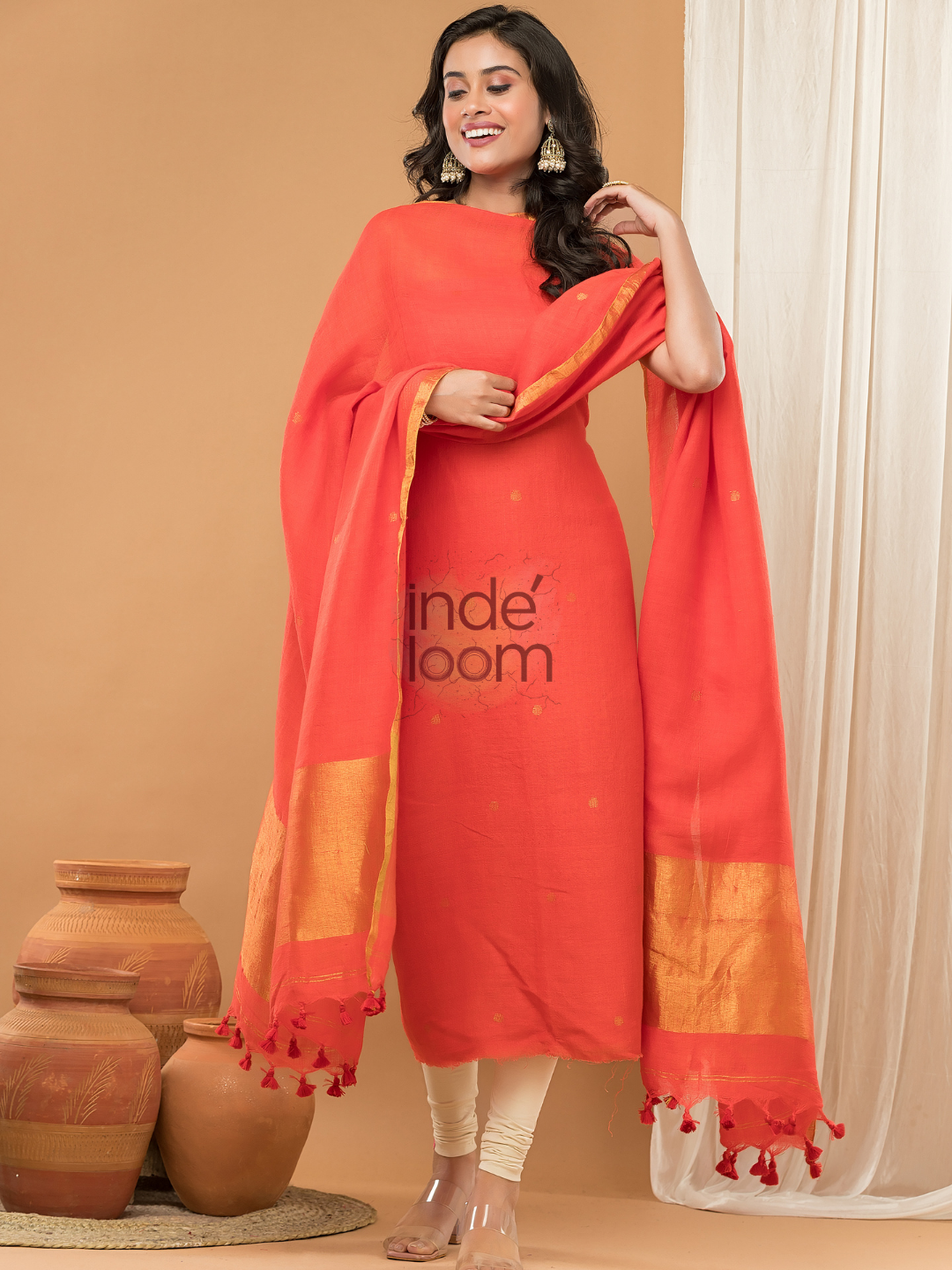 Hot Flame | Handloom Jamdani Linen Unstitched 2-Piece Kurti