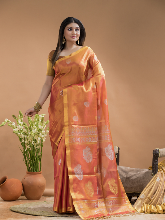 Tissue Silk Saree In Fire Orange and Golden Border - 031