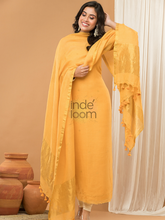 Handwoven Jamdani Linen Unstitched 2-piece Kurti | Amber Orange