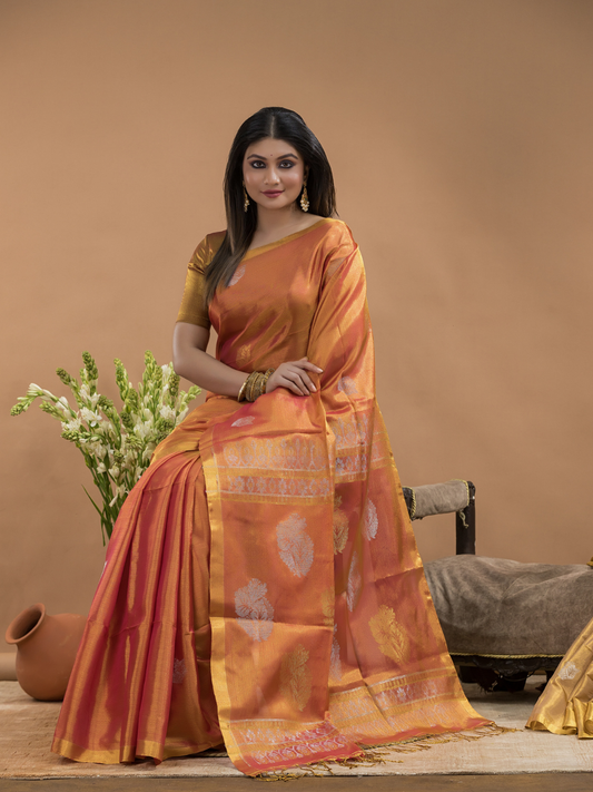 Tissue Silk Saree In Fire Orange and Golden Border - 031