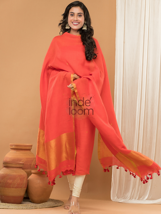 Handwoven Jamdani Linen Unstitched 2-piece Kurti | Classic Red