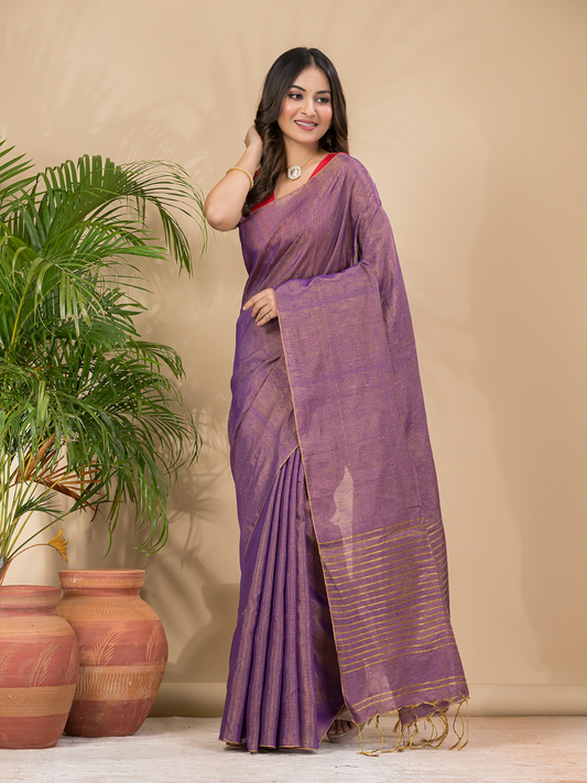 Tissue Linen Handloom Saree With Grape Purple - 017