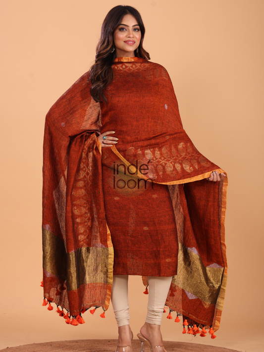Handwoven Jamdani Linen Unstitched 2-piece Kurti | Rust Orange