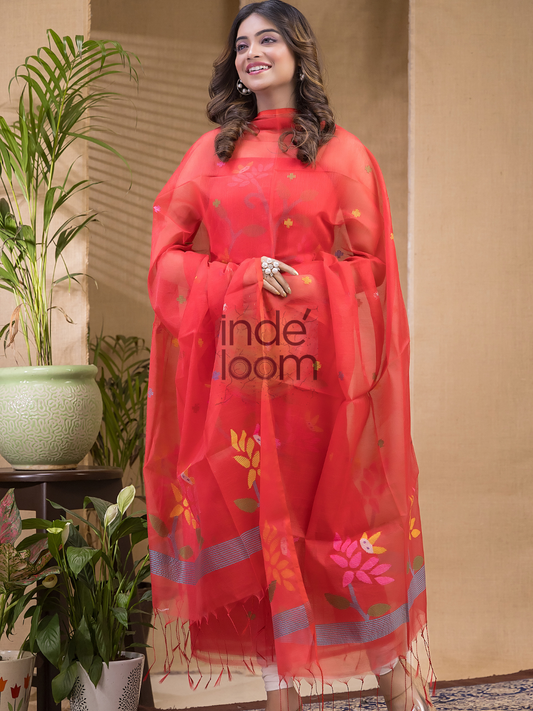 Signal Red | Handloom Jamdani Muslin Unstitched 2-Piece Kurti | Classic Design