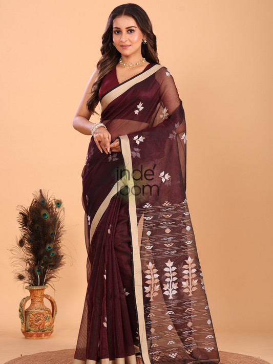 Silk Jamdani Saree With Burgundy Red Brown - 155