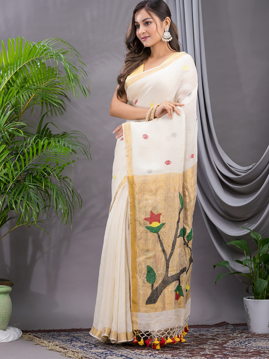 Linen Jamdani Saree With Pearl White - 026