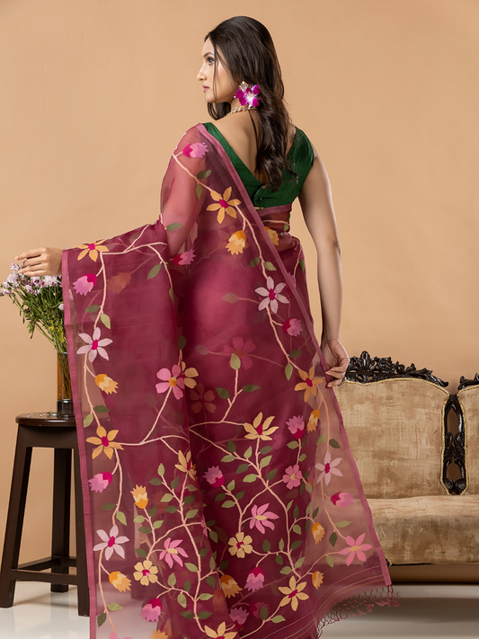 Handwoven Jamdani Muslin Silk Saree | Wine Mauve