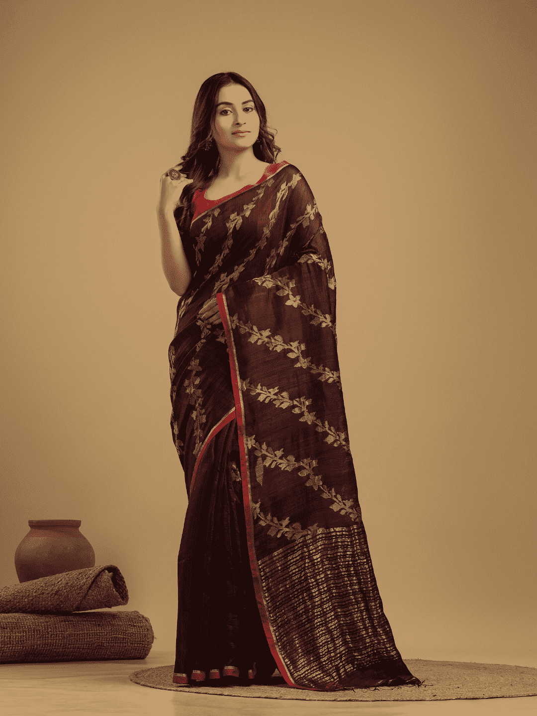 Matka Silk Jamdani Saree With Wine Purple - 027 - indeloom