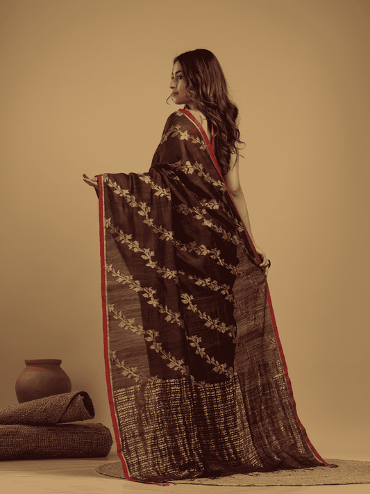 Matka Silk Jamdani Saree With Wine Purple - 027 - indeloom