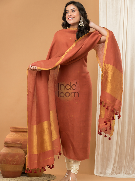Copper Flame | Handloom Jamdani Linen Unstitched 2-Piece Kurti