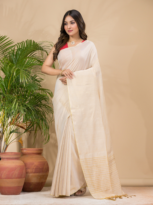 Tissue Linen Handloom Saree With Linen White - 018
