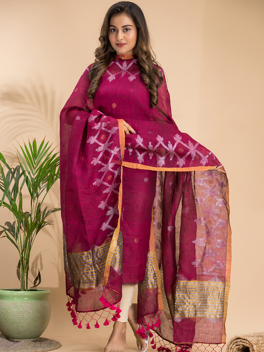 Handwoven Jamdani Linen Unstitched 2-piece Kurti | Berry Pink