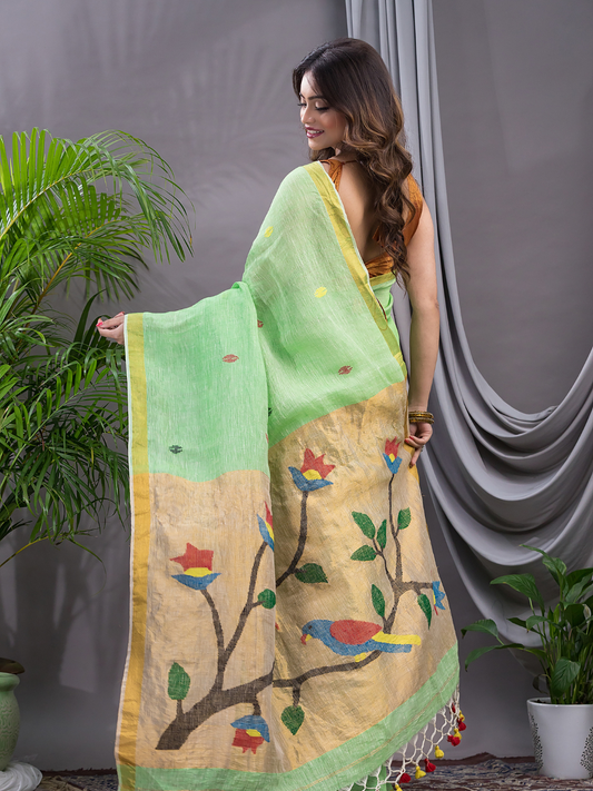 Linen Jamdani Saree With Lime Green - 027