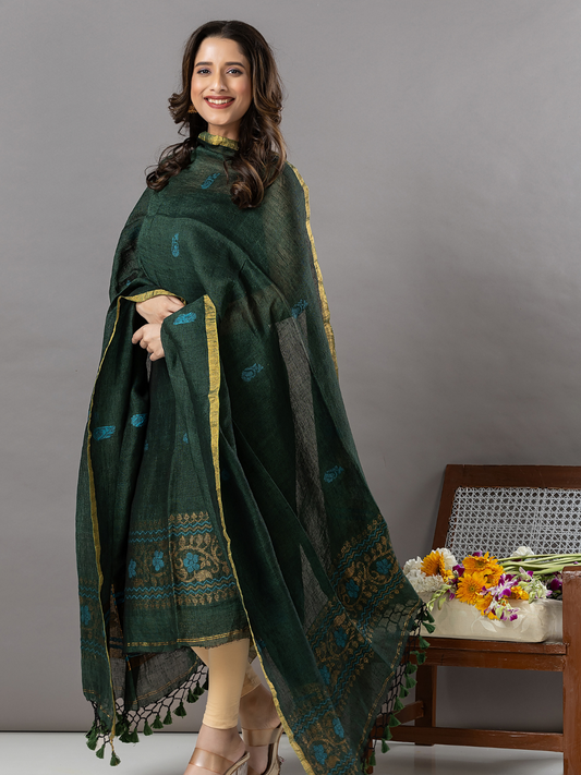 Handwoven Jamdani Linen Unstitched 2-Piece Kurti | Forest Green