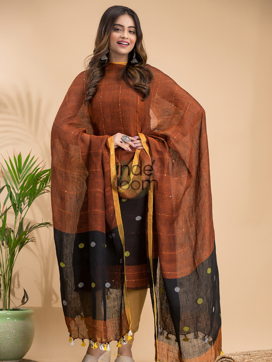 Handwoven Jamdani Linen Unstitched 2-piece Kurti | Rust Brown