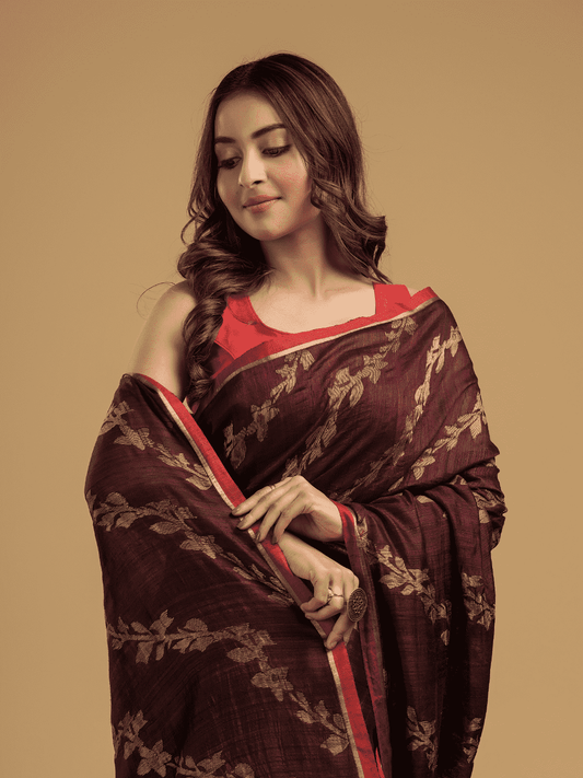 Matka Silk Jamdani Saree With Wine Purple - 027 - indeloom