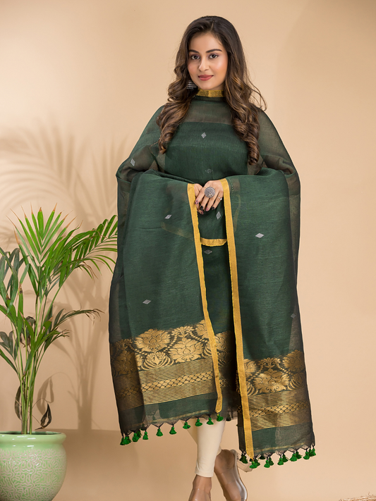 Handwoven Jamdani Cotton Linen Unstitched 2-piece Kurti | Army Green